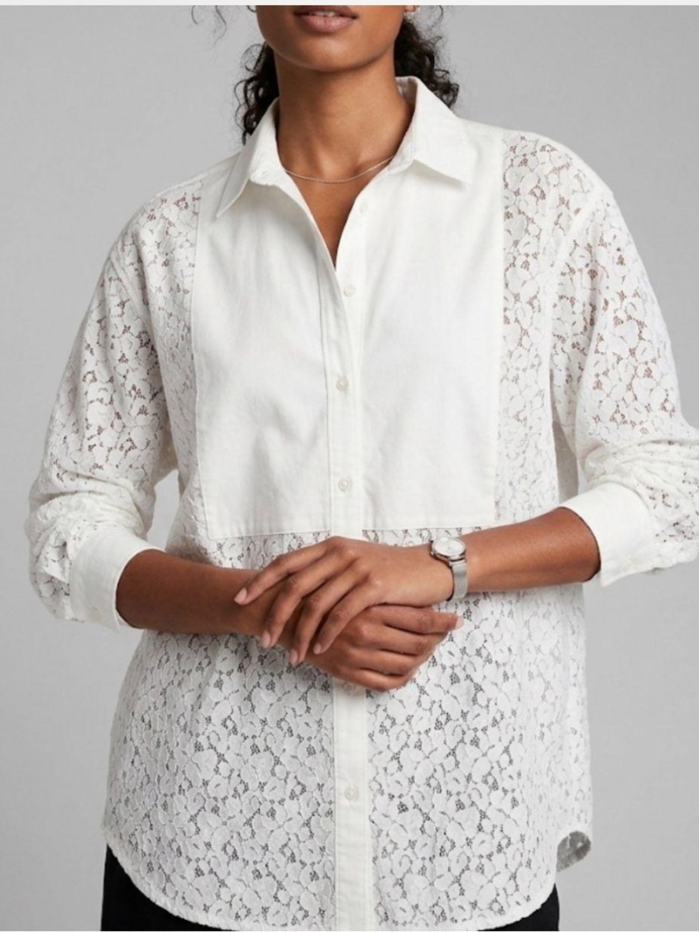 GAP White Lace Panel Button-Down Shirt